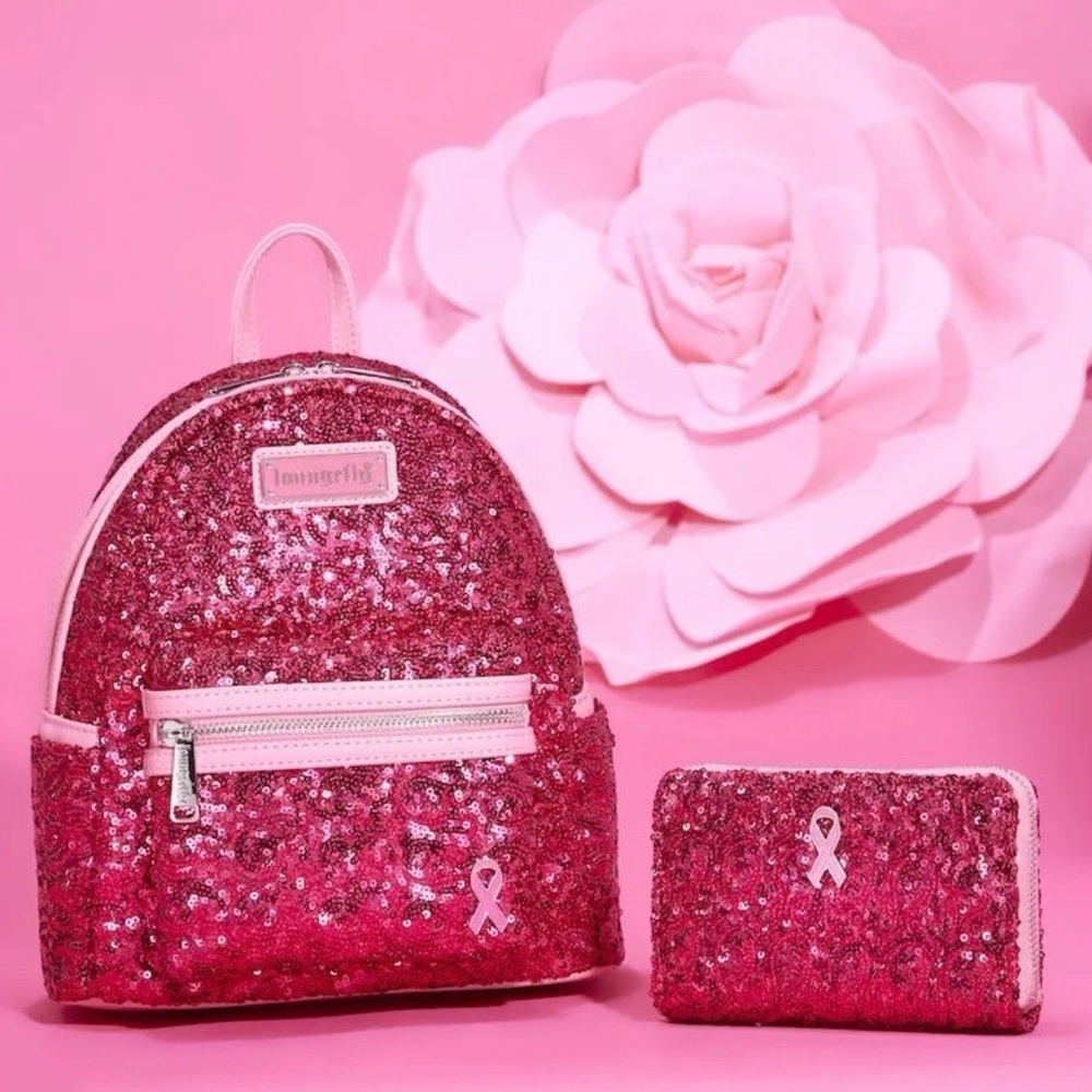 Loungefly Breast Cancer Pink Glitter Backpack and Wallet Set